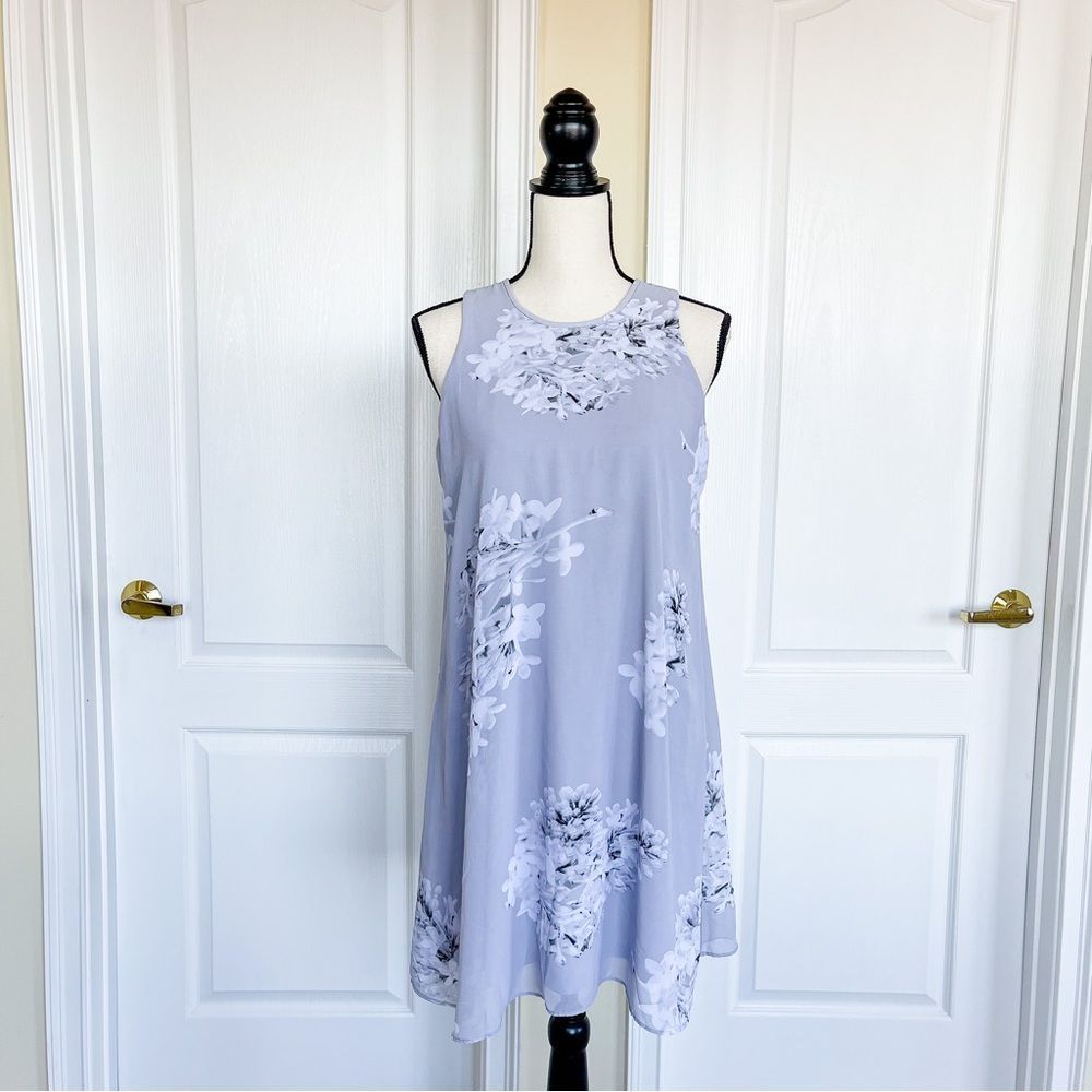 Calvin Klein 4 Floral Stone Grey White Sleeveless Flowy Tunic Dress Back Opening